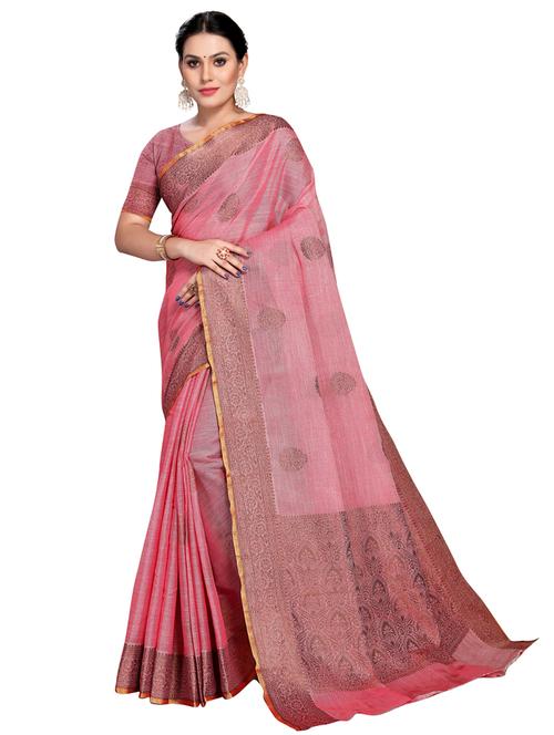 pink self design woven saree with blouse - 19622335 - Very Small Image - 1