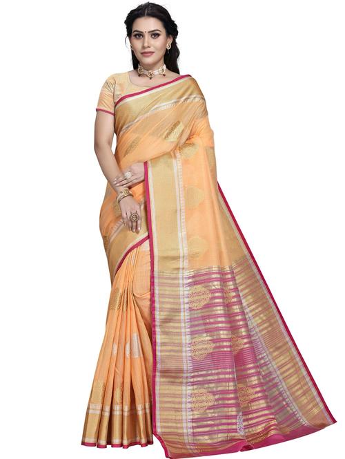 orange woven block print saree with blouse - 19622354 - Very Small Image - 1