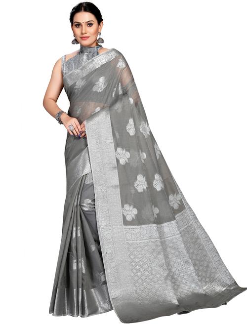 grey self design woven saree with blouse - 19622377 - Very Small Image - 1