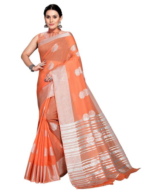 orange woven ethnic motif saree with blouse - 19622393 - Very Small Image - 1
