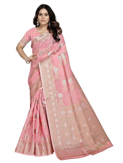 pink woven ethnic motif saree with blouse - 19622429 - Very Small Image - 1