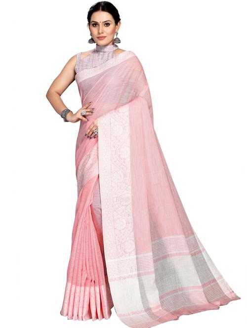 pink solid woven bordered saree with blouse - 19622458 - Very Small Image - 1