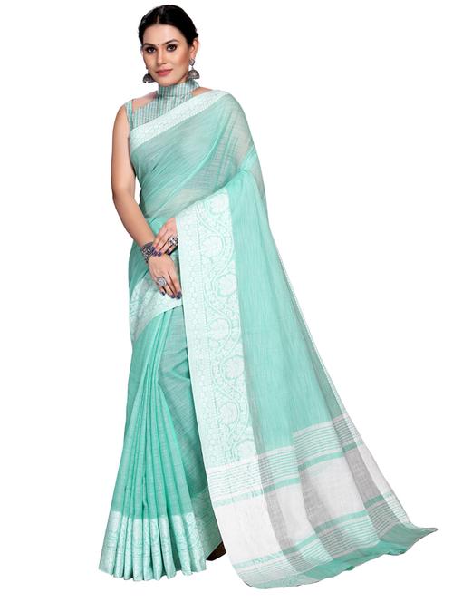 blue solid woven bordered saree with blouse - 19622460 - Very Small Image - 1