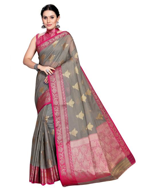 grey woven ethnic motif saree with contrast border with blouse - 19622500 - Very Small Image - 1