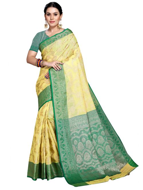 yellow self design woven saree with blouse - 19622502 - Very Small Image - 1
