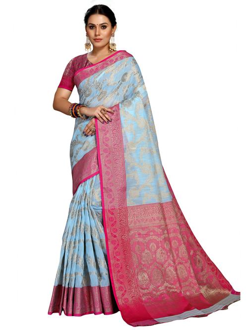light blue woven ethnic motif saree with contrast border with blouse - 19622503 - Very Small Image - 1