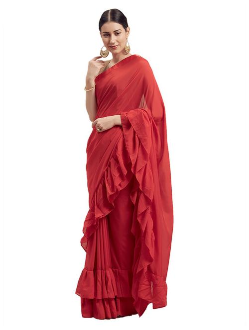 ruffled plain sareee with blouse - 19623016 - Very Small Image - 1