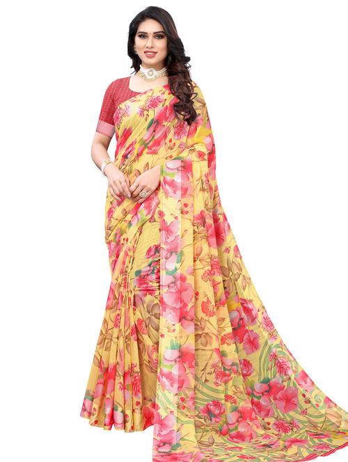 yellow printed saree with blouse - 19624904 - Very Small Image - 1