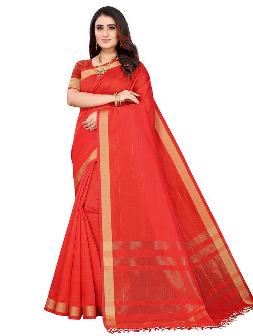 red cotton blend saree with blouse - 19624972 - Very Small Image - 1