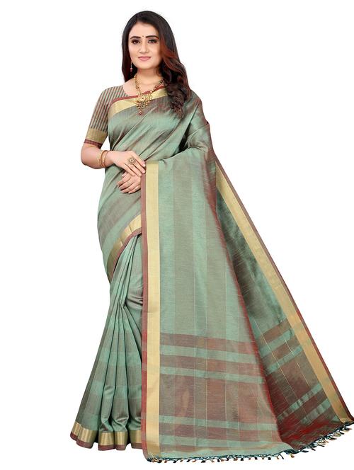 light green cotton blend saree with blouse - 19624973 - Very Small Image - 1
