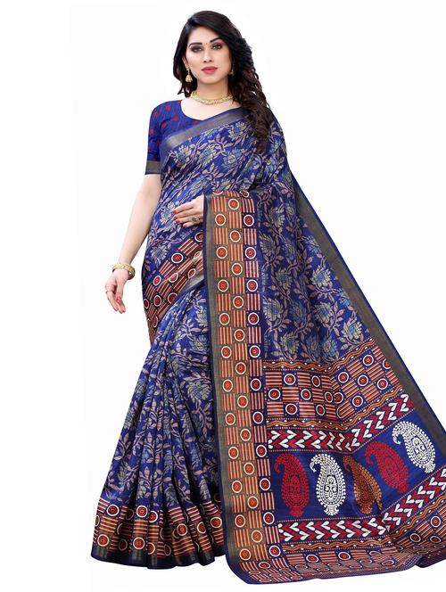 dark blue printed saree with blouse - 19625025 - Very Small Image - 1