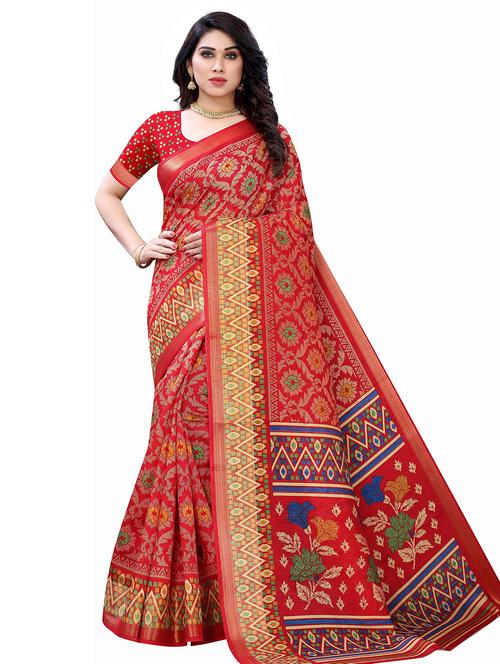 red cotton blend saree with blouse - 19625026 - Very Small Image - 1