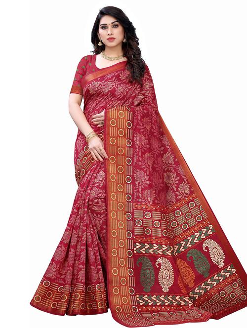 maroon cotton blend saree - 19625028 - Very Small Image - 1