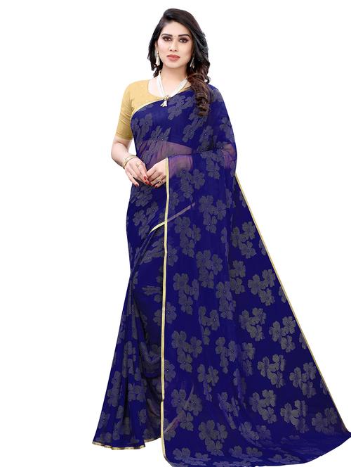dark blue chiffon saree with blouse - 19625064 - Very Small Image - 1