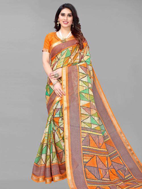 orange cotton blend saree with blouse - 19625066 - Very Small Image - 1