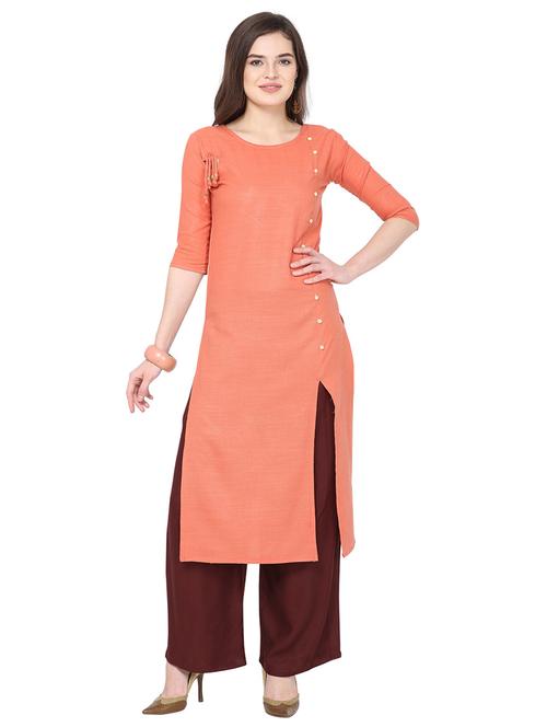 peach cotton blend front slit kurta - 19625504 - Very Small Image - 1