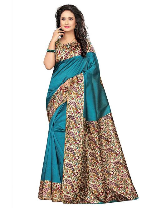 light blue cotton blend saree with blouse - 19625582 - Very Small Image - 1