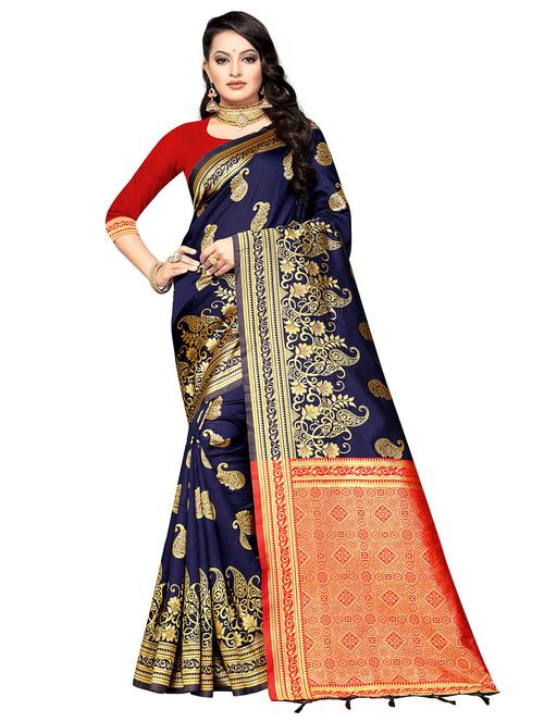 dark blue silk blend banarasi saree with blouse - 19625586 - Very Small Image - 1