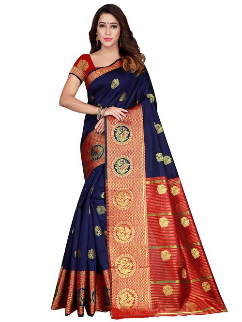 dark blue silk blend banarasi saree - 19625645 - Very Small Image - 1