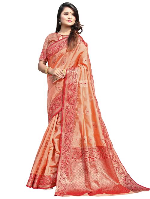 orange silk blend kanjivaram saree with blouse - 19625684 - Very Small Image - 1