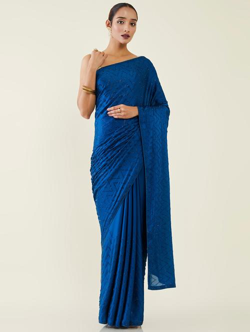women's self design blue colored saree with blouse - 19625731 - Very Small Image - 1