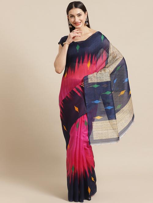 women's ikat pink colored saree with blouse - 19627177 - Very Small Image - 1