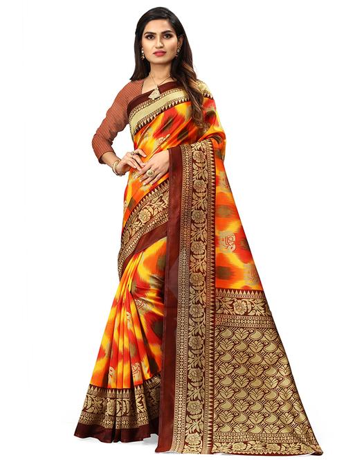 women's ikat yellow colored saree with blouse - 19627334 - Very Small Image - 1