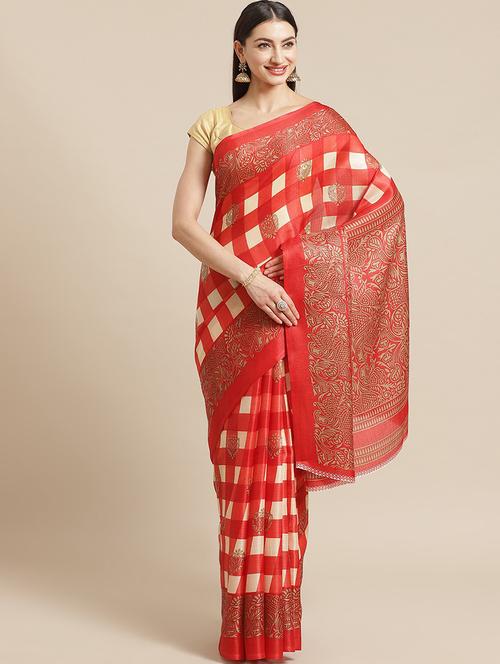 women's checks red colored saree - 19627342 - Very Small Image - 1