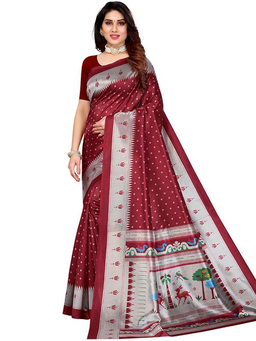 women's floral maroon colored saree with blouse - 19627370 - Very Small Image - 1