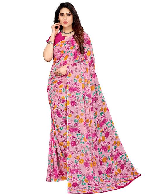 women's printed pink colored saree with blouse - 19627799 - Very Small Image - 1
