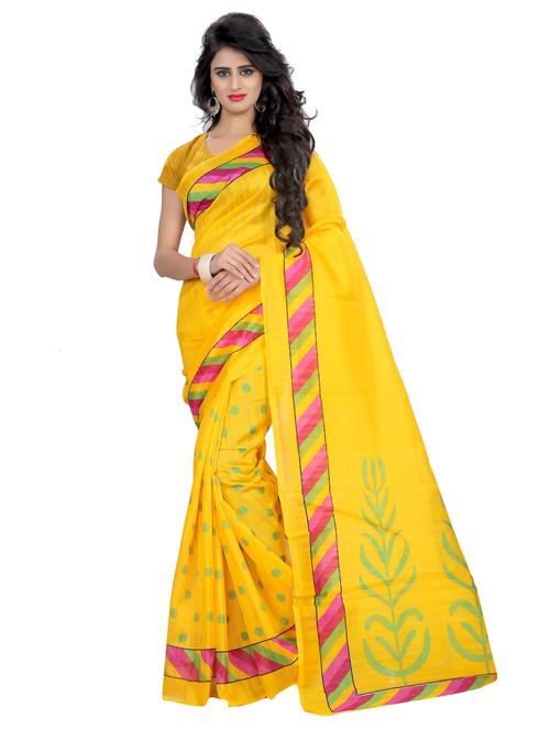 women's leaf print yellow colored saree with blouse - 19627975 - Very Small Image - 1