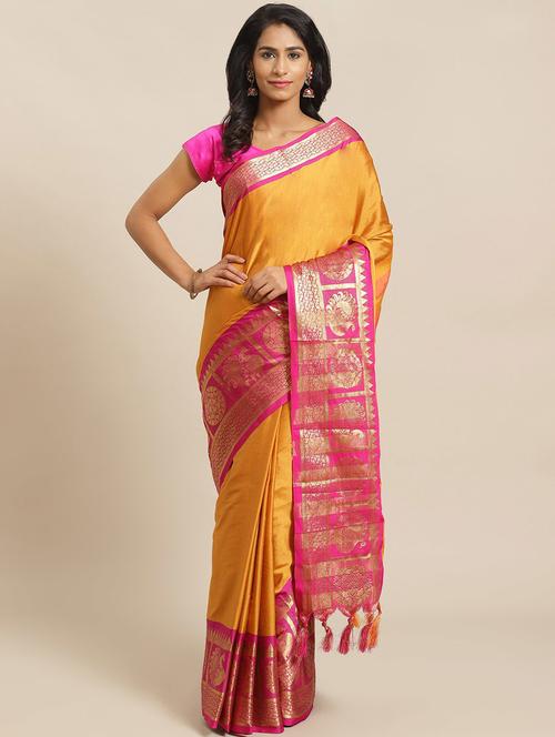 women's self design mustard colored saree with blouse - 19628116 - Very Small Image - 1