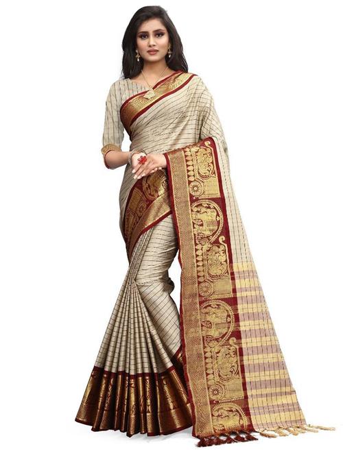 women's self design beige colored saree with blouse - 19628415 - Very Small Image - 1