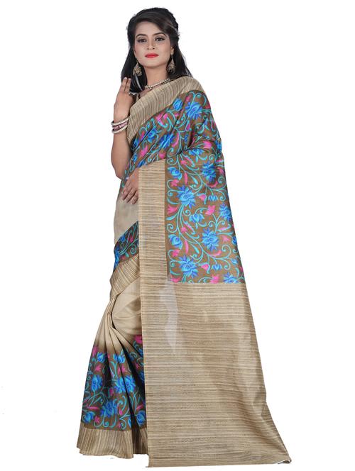 women's printed taupe colored saree with blouse - 19628492 - Very Small Image - 1
