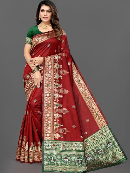 women's self design maroon colored saree with blouse - 19628526 - Very Small Image - 1