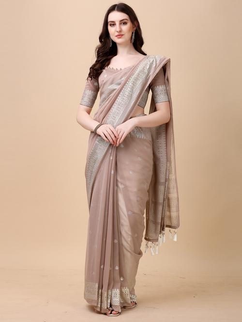 women's self design brown colored saree with blouse - 19628608 - Very Small Image - 1