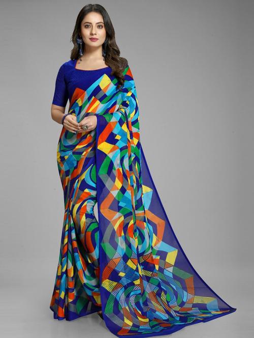 women's printed blue colored saree with blouse - 19628641 - Very Small Image - 1