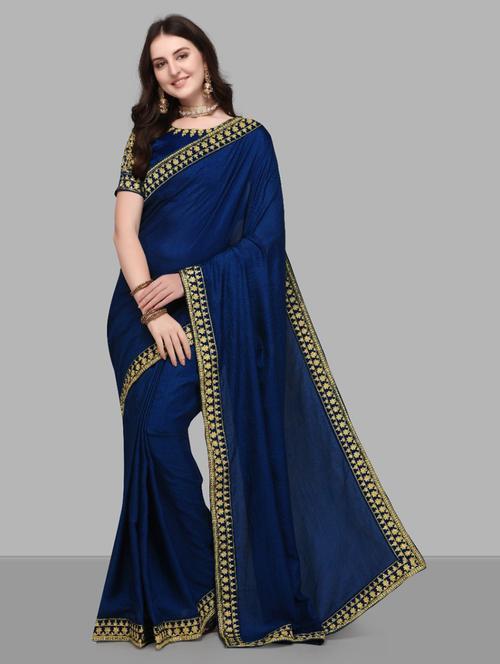 contrast bordered plain saree with blouse - 19628665 - Very Small Image - 1