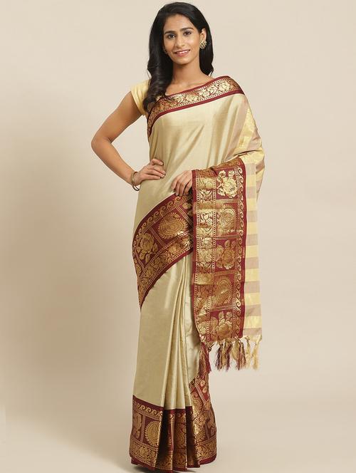 women's solid cream colored saree with blouse - 19628695 - Very Small Image - 1