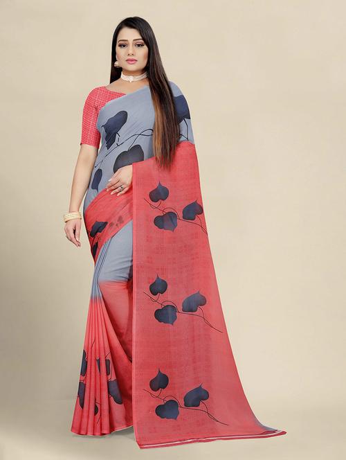 women's printed coral colored saree with blouse - 19628799 - Very Small Image - 1