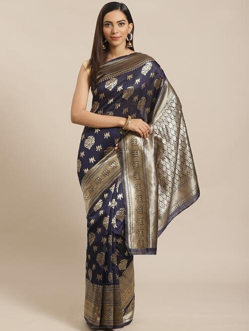 women's self design navy blue colored saree with blouse - 19628964 - Very Small Image - 1
