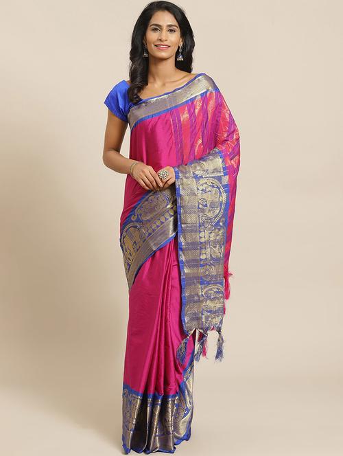 women's bordered pink colored saree with blouse - 19629347 - Very Small Image - 1
