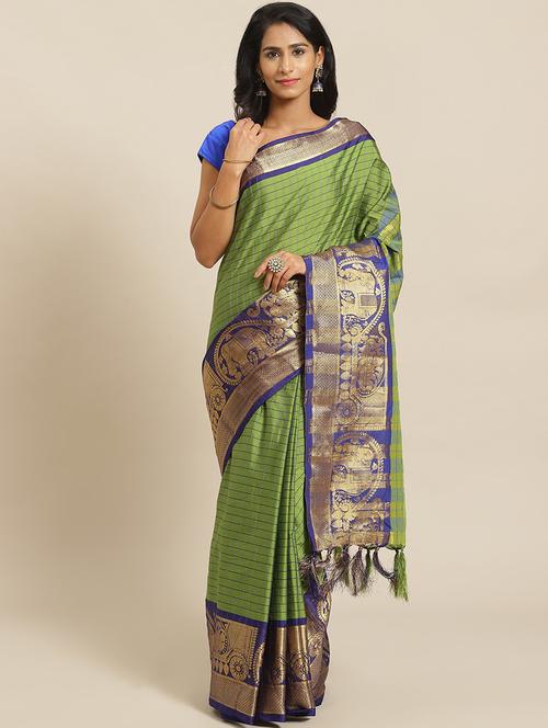 women's checks green colored saree with blouse - 19629385 - Very Small Image - 1