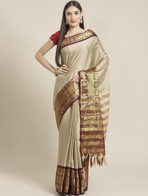 women's self design cream colored saree with blouse - 19629417 - Very Small Image - 1