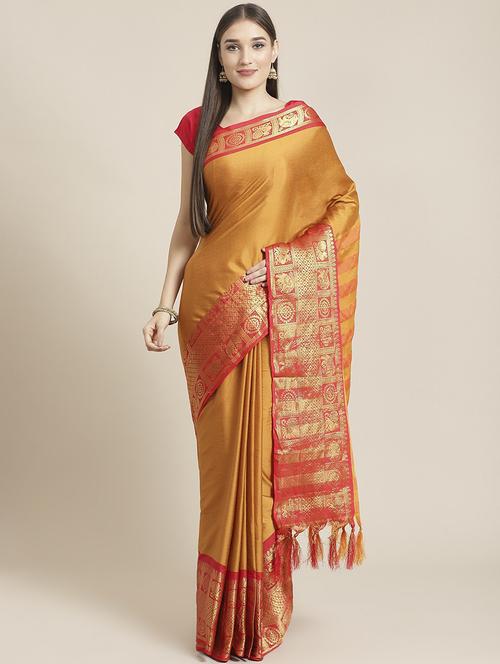 women's bordered mustard colored saree - 19629445 - Very Small Image - 1