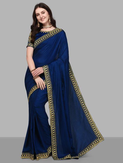 women's bordered blue colored saree with blouse - 19629465 - Very Small Image - 1
