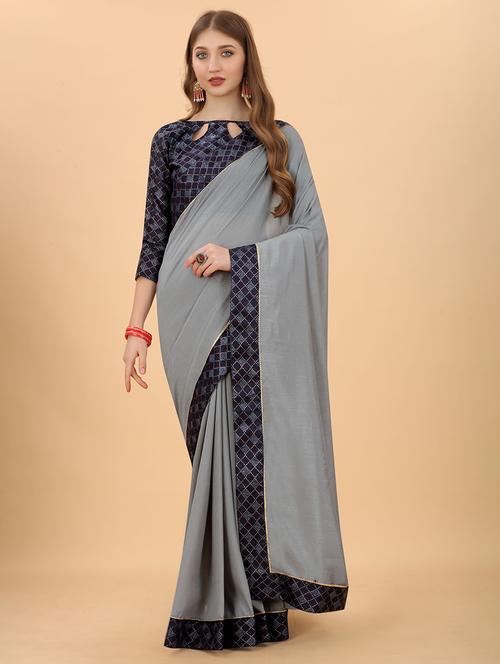 women's bordered grey colored saree with blouse - 19629494 - Very Small Image - 1