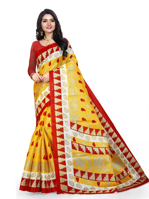 yellow silk blend woven printed saree with blouse - 19629566 - Very Small Image - 1