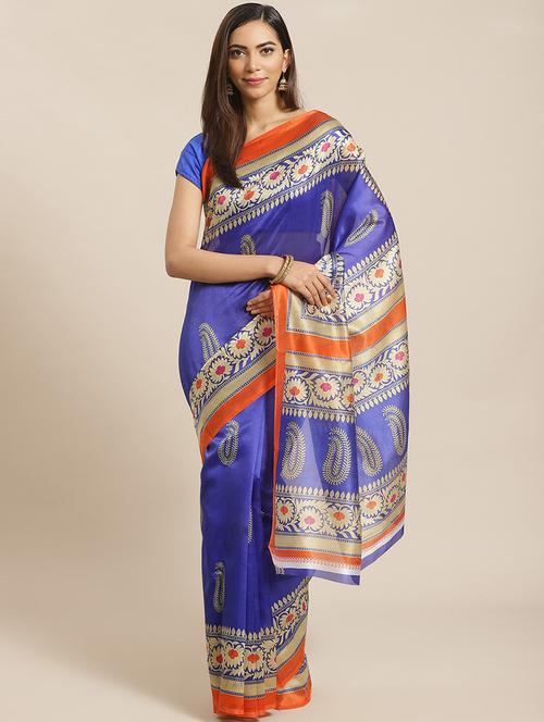 women's printed blue colored saree with blouse - 19629571 - Very Small Image - 1