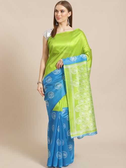 women's printed lime colored saree with blouse - 19629614 - Very Small Image - 1